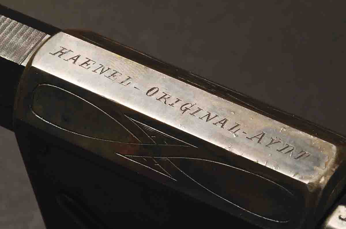 The inscription “Haenel Original Aydt” denotes a rifle built entirely in-house by C.G. Haenel. Until his death in 1923, every such rifle was inspected, test-fired and approved personally by Carl Wilhelm Aydt.